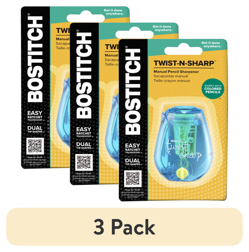 (3 pack) Bostitch Office Twist-n-Sharp, Manual, Pencil Sharpener, Kid-friendly, Can be Used to Sharpen Colored Pencils, Blue, 1 Hole